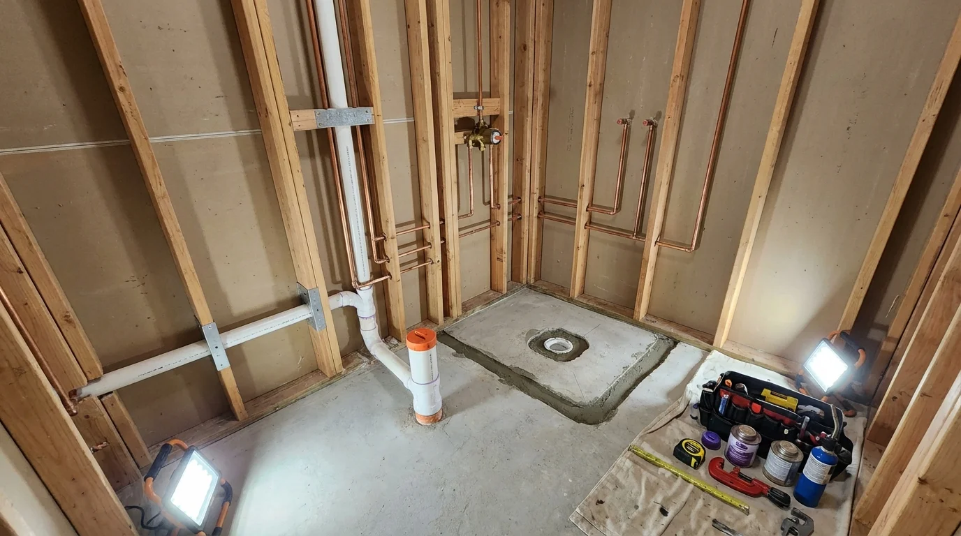 Bathroom rough-in plumbing during remodel by Johns Plumbing LLC in Arenas Valley
