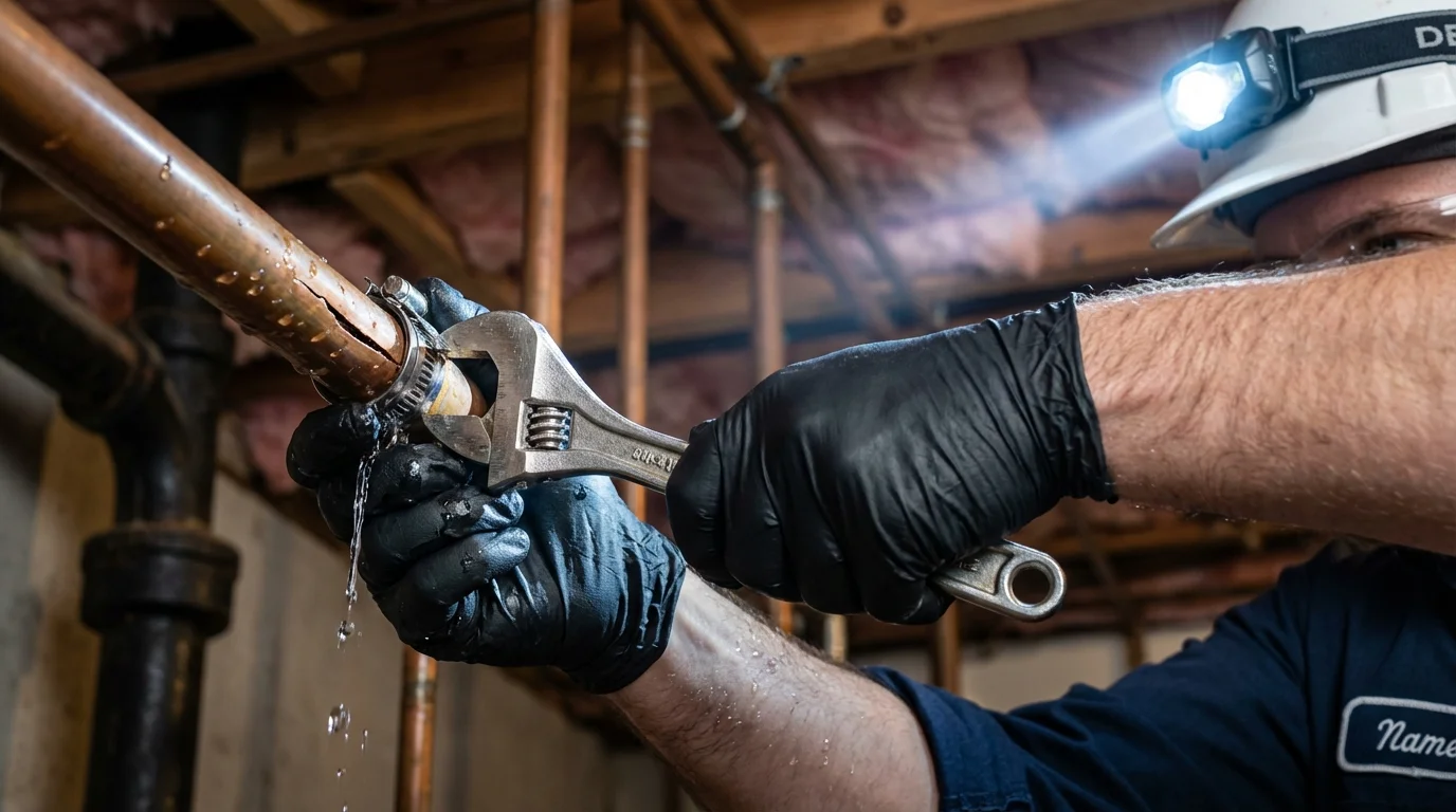 Emergency pipe clamp repair being performed by a Johns Plumbing LLC plumber in Arenas Valley