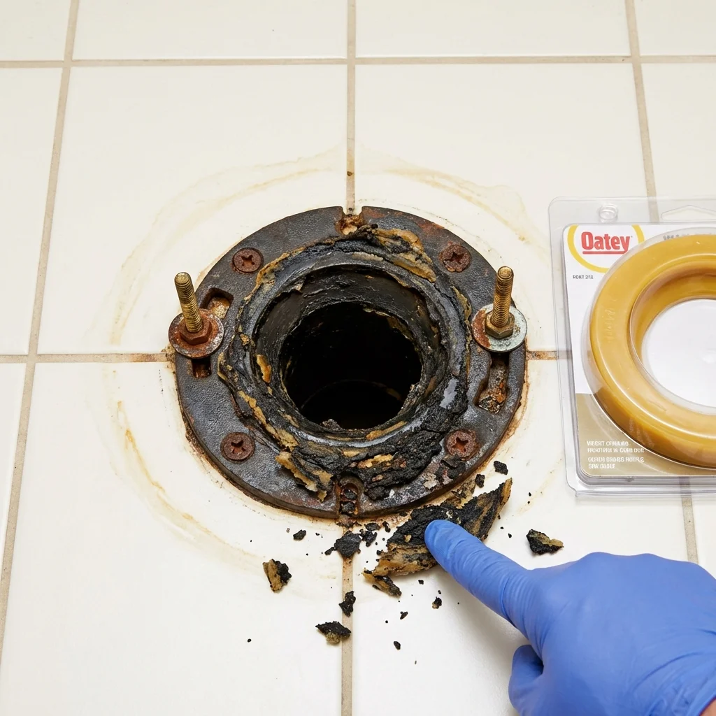 Failed wax ring showing water seepage at the base of a toilet in a Arenas Valley, NM home