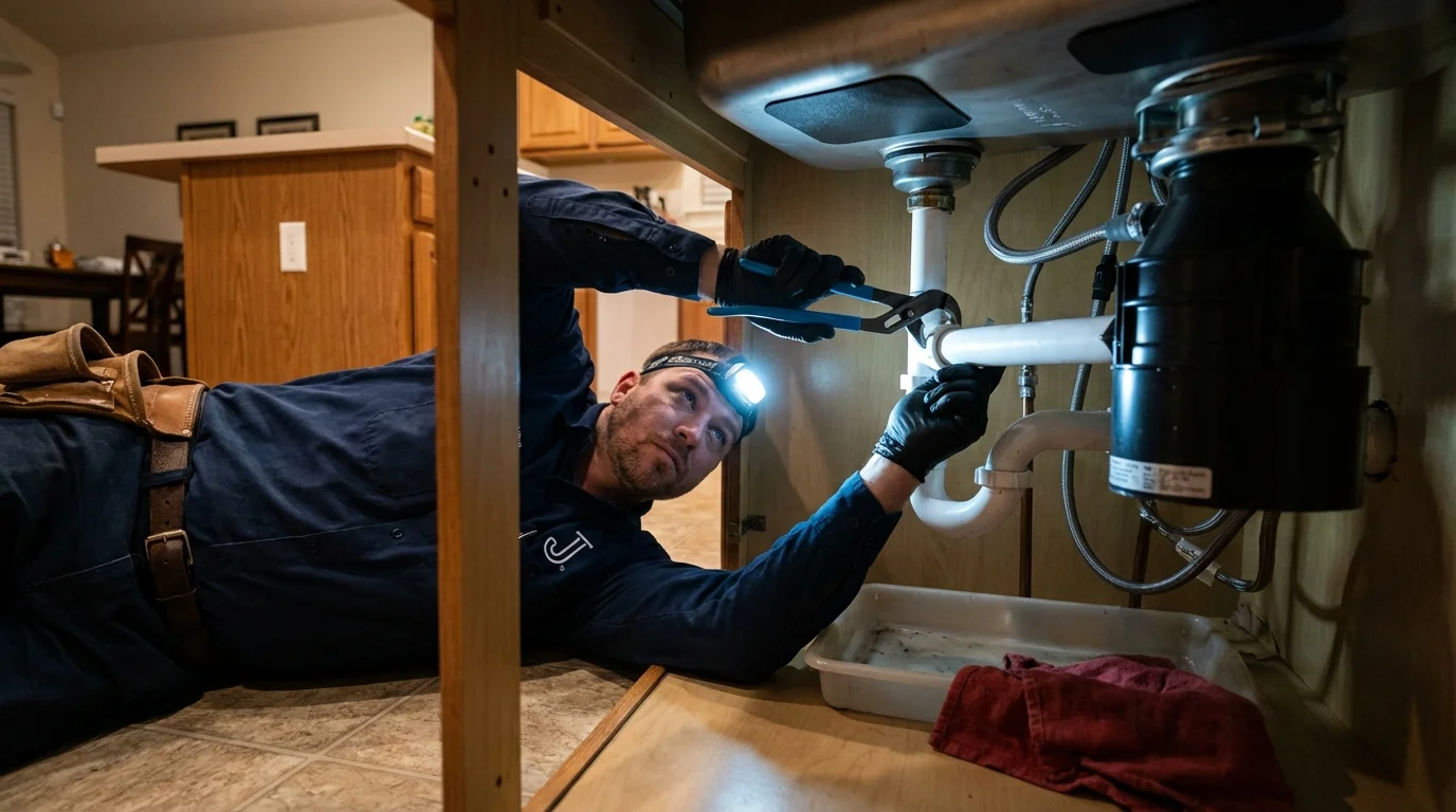 P-trap and supply line connections under a kitchen sink showing a common leak point in Arenas Valley, NM